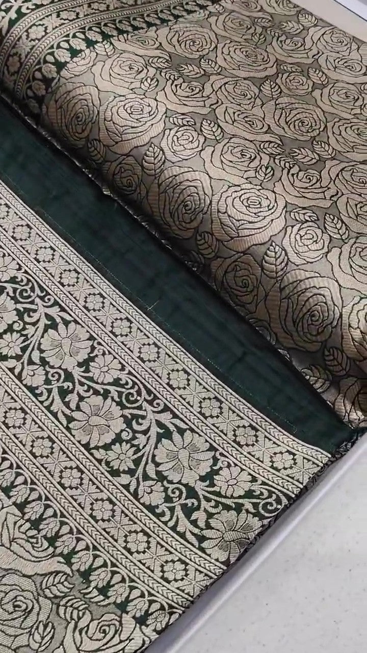 Bottle Green Banarasi Handloom Katan Silk Brocade Saree