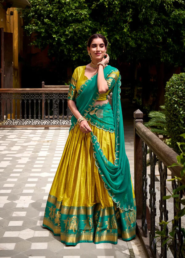 Ethnic Burnt Yellow Cotton Lehenga with Zari Embroidery