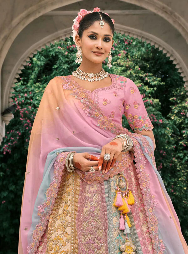 Elegant Pastel Multi Bridal Lehenga with Intricate Work
