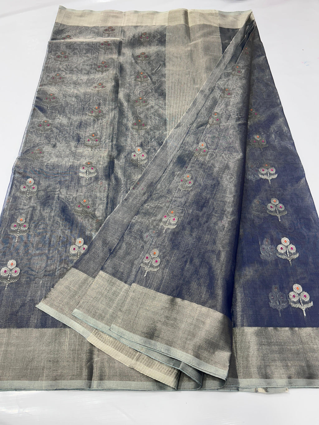 Steel Blue Chanderi Handloom Katan Tissue Silk Meenakari Saree