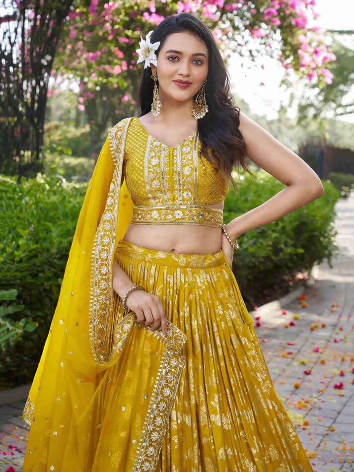 Yellow Jacquard Lehenga with Zari & Sequins Work