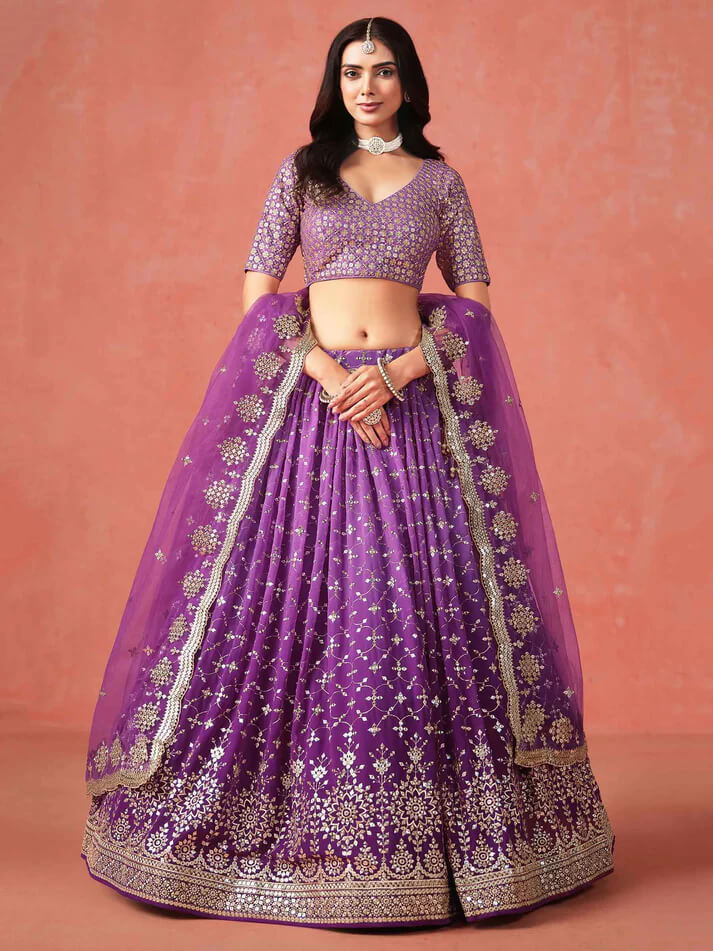 Purple Georgette Lehenga with Zari & Multi-Sequins Work