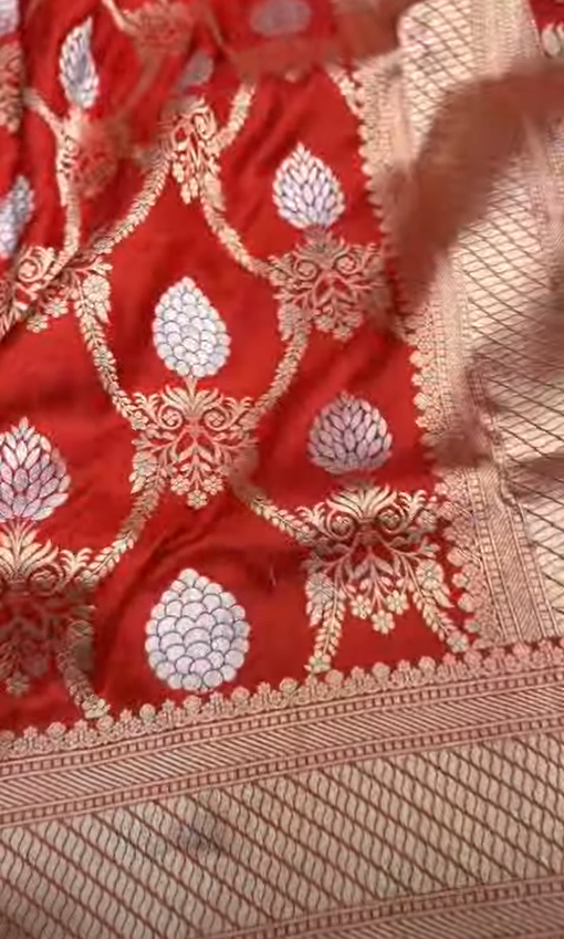 A bridal red Banarasi Katan silk saree featuring intricate hand-woven Sona Rupa zari motifs in gold and silver.