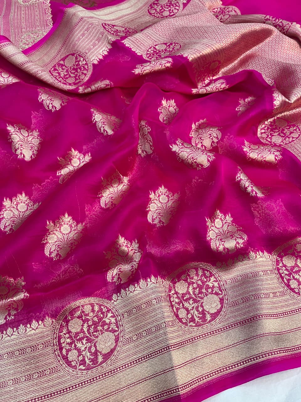 Hot Pink Banarasi Handloom Kora Organza Silk Saree
