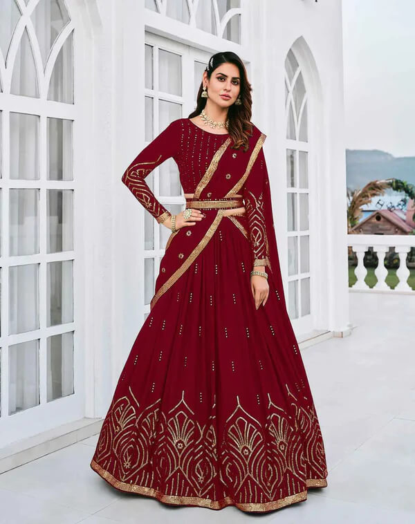 Designer Maroon Georgette Lehenga with Thread Detailing
