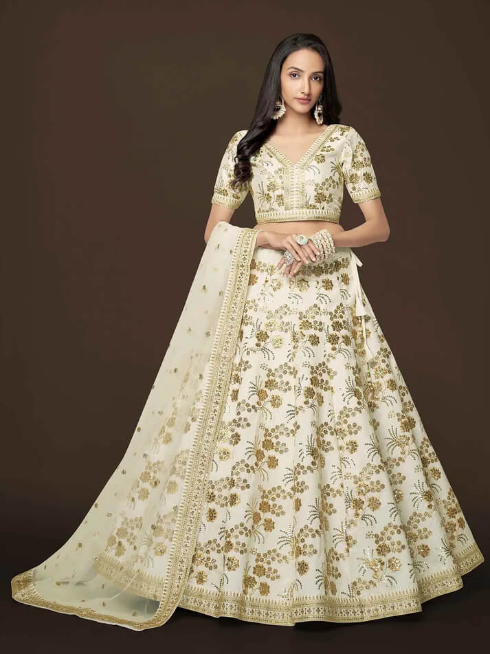 White Silk Lehenga with Zari, Sequins & Dori Work