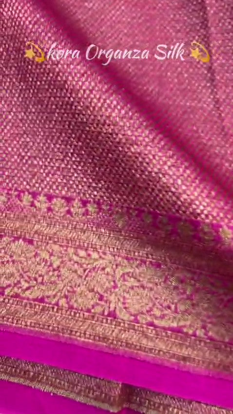 Hot Pink Banarasi Handloom Kora Organza Silk Saree