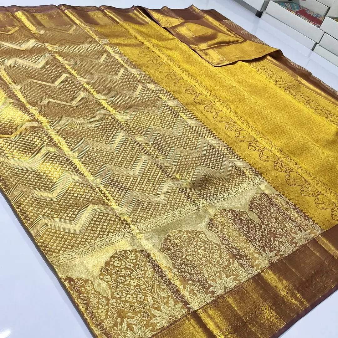 Gold Kanchipuram Handloom Tissue Brocade Silk Saree
