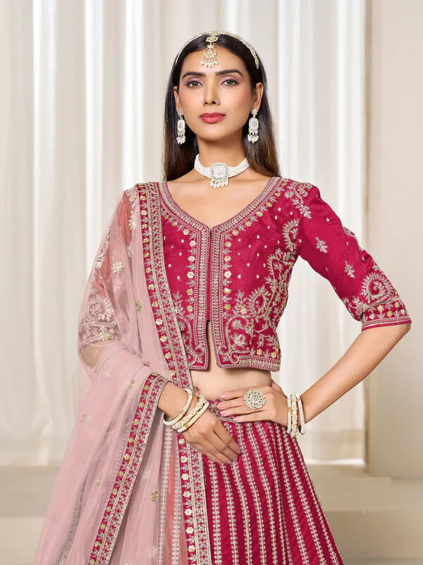Red Art Silk Lehenga with Thread & Sequins Work