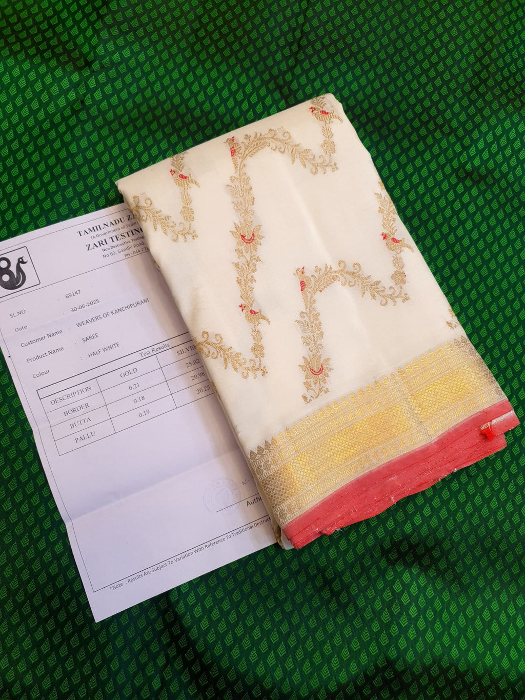 Off White Kanchipuram Handloom 3G Gold Pattu Silk Meenakari Saree
