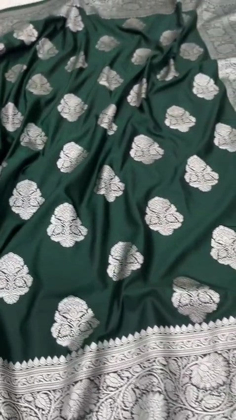 Bottle Green Banarasi Mashru Soft Silk Saree