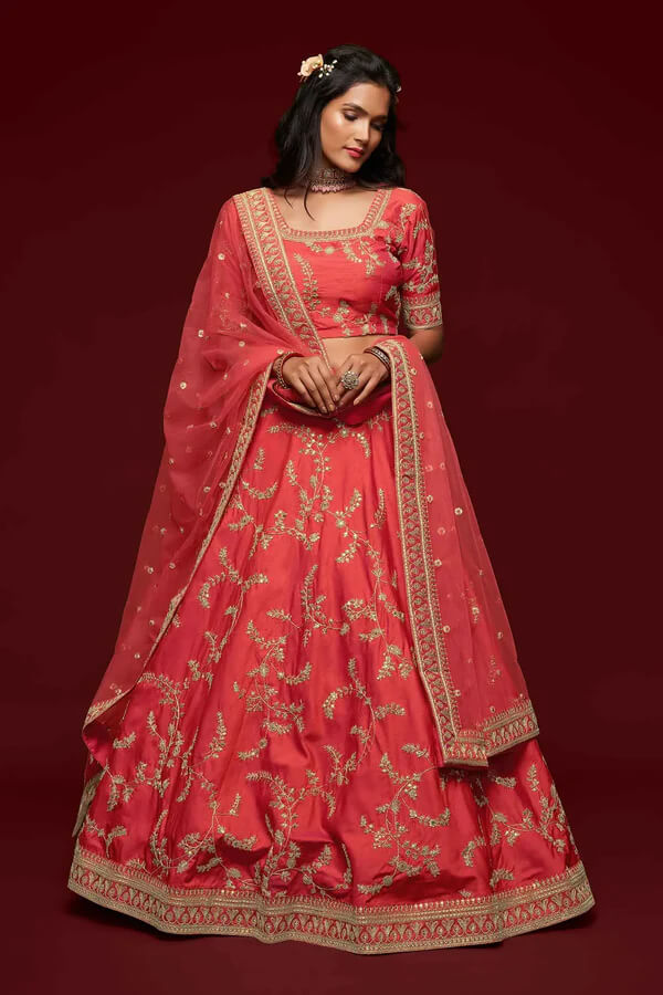 Bean Red Silk Lehenga with Thread, Zari & Sequins Work