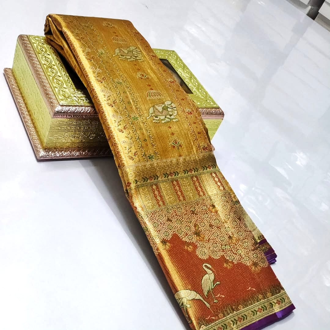 Gold Kanchipuram Handloom Tissue Brocade 1G Gold Bridal Saree