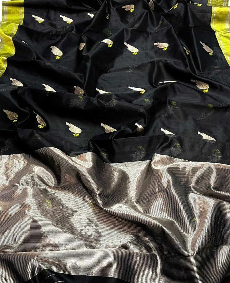 Sort Chanderi Håndvævet Pattu Silk Eknal Buttas Saree