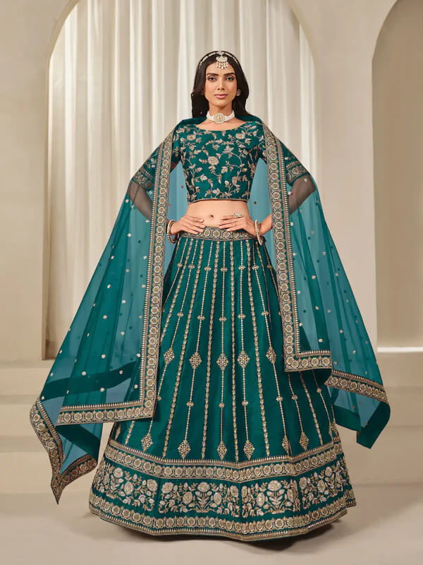 Designer Teal Green Art Silk Embroidered Lehenga