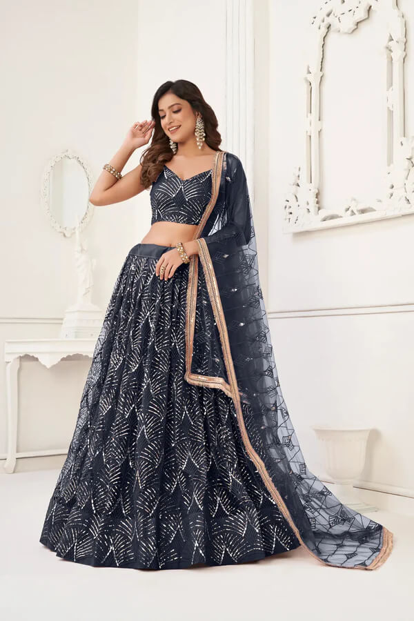 Designer Black Thread & Mirror Lehenga Choli