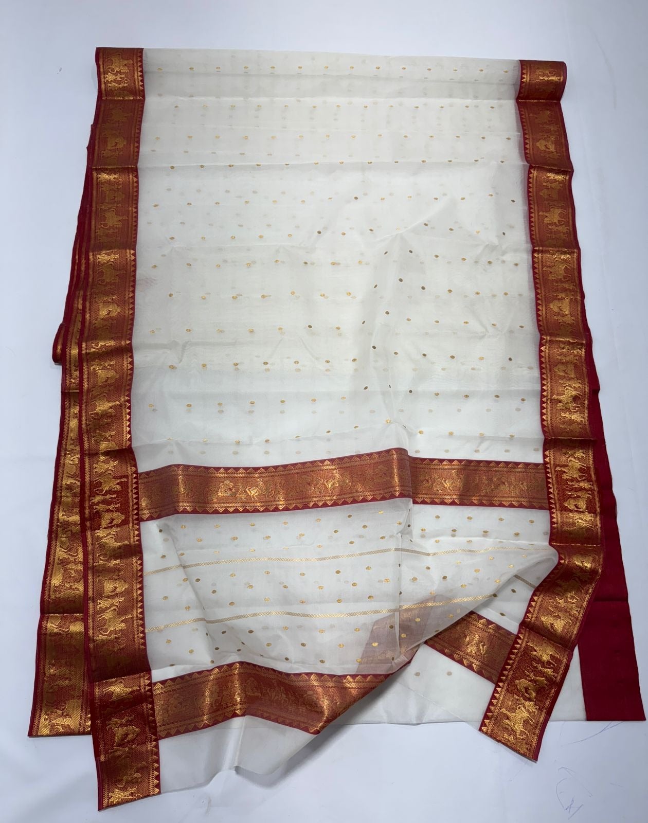 Pearl White Chanderi Handloom Katan Silk Nakshi Saree