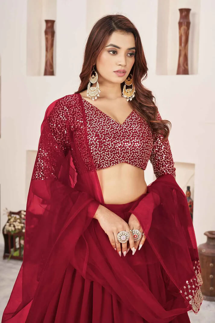 Red Designer Georgette Lehenga with Sequins & Zari