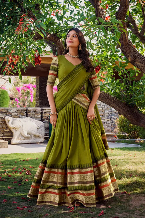 Olive Green Chanderi Silk Lehenga with Intricate Zari Work