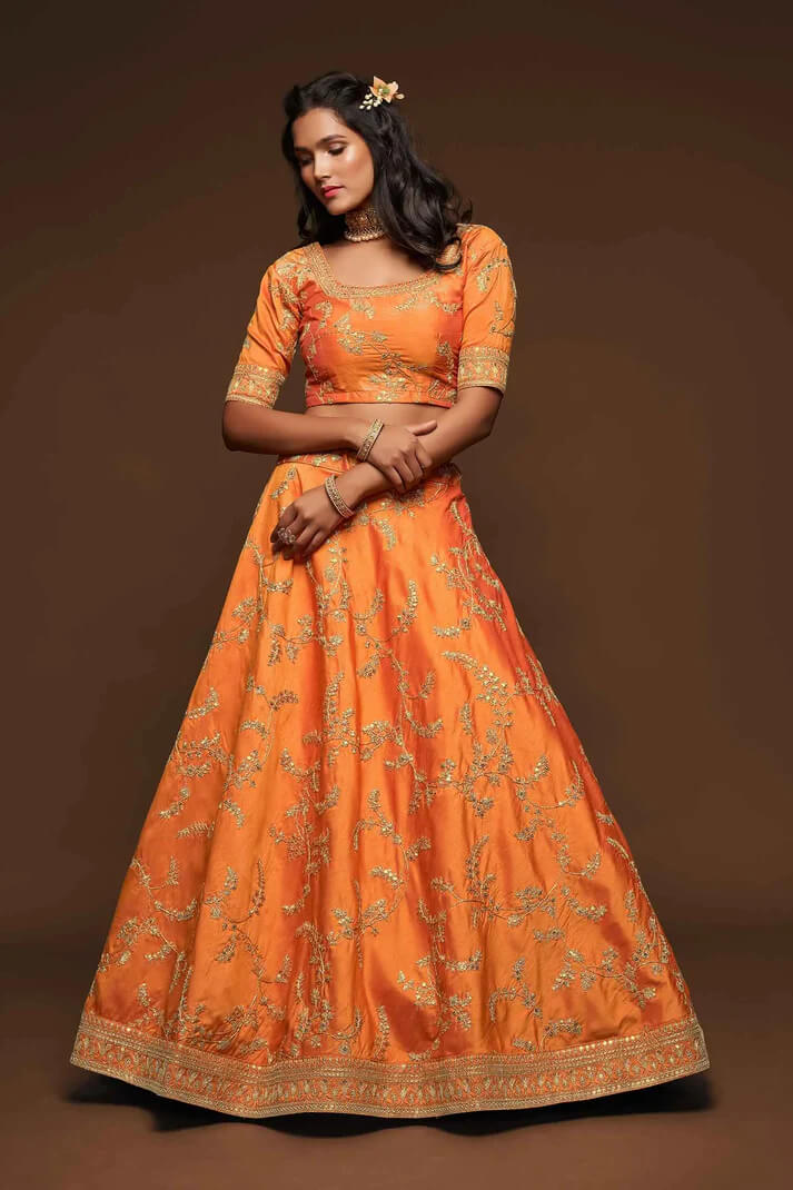 Orange  Silk Lehenga with Thread, Zari & Sequins Work