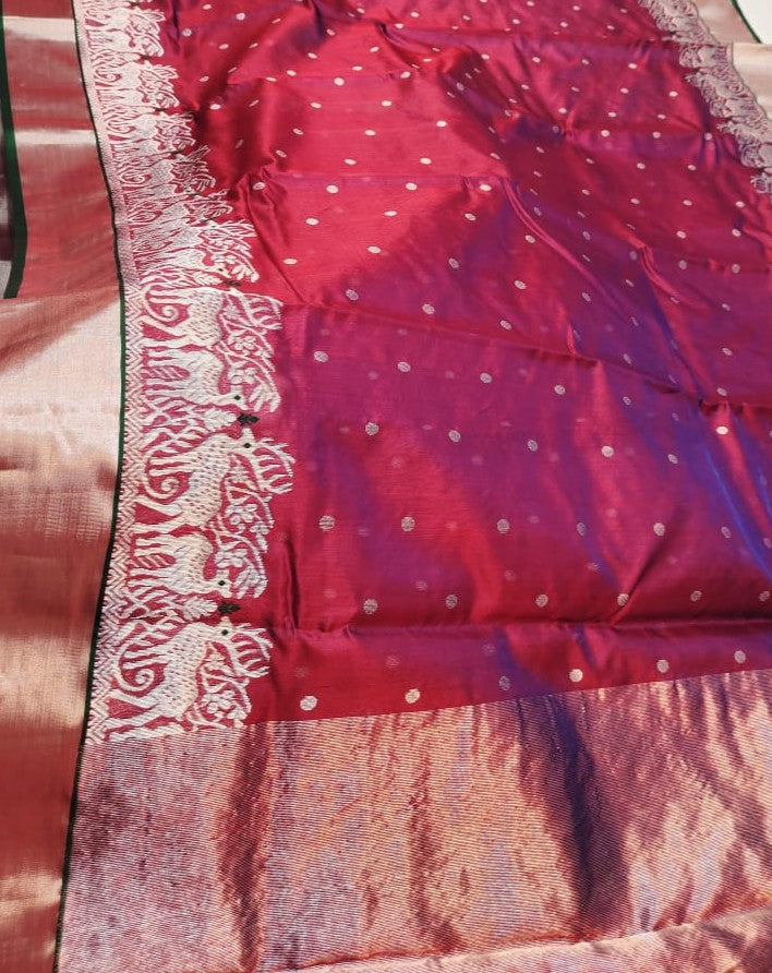 Maroon Chanderi Handloom Pattu Silk Handwork Meenakari Saree