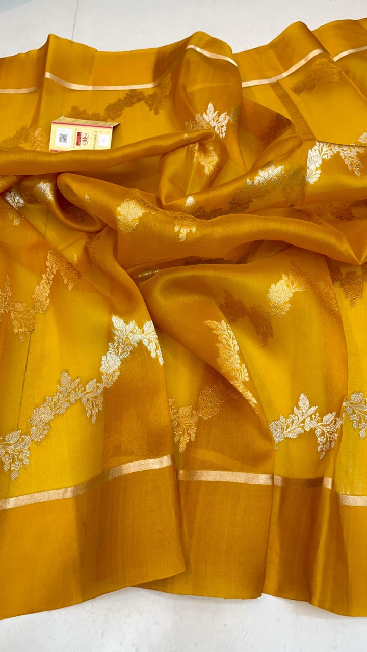 Mustard Banarasi Handloom Kora Organza Silk Saree
