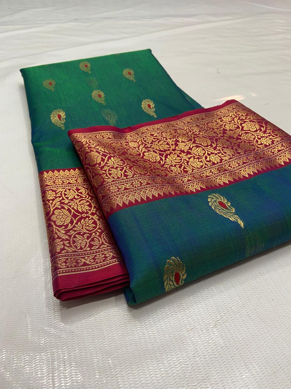 Peacock Green Chanderi Handloom Katan Silk Meenakari Saree