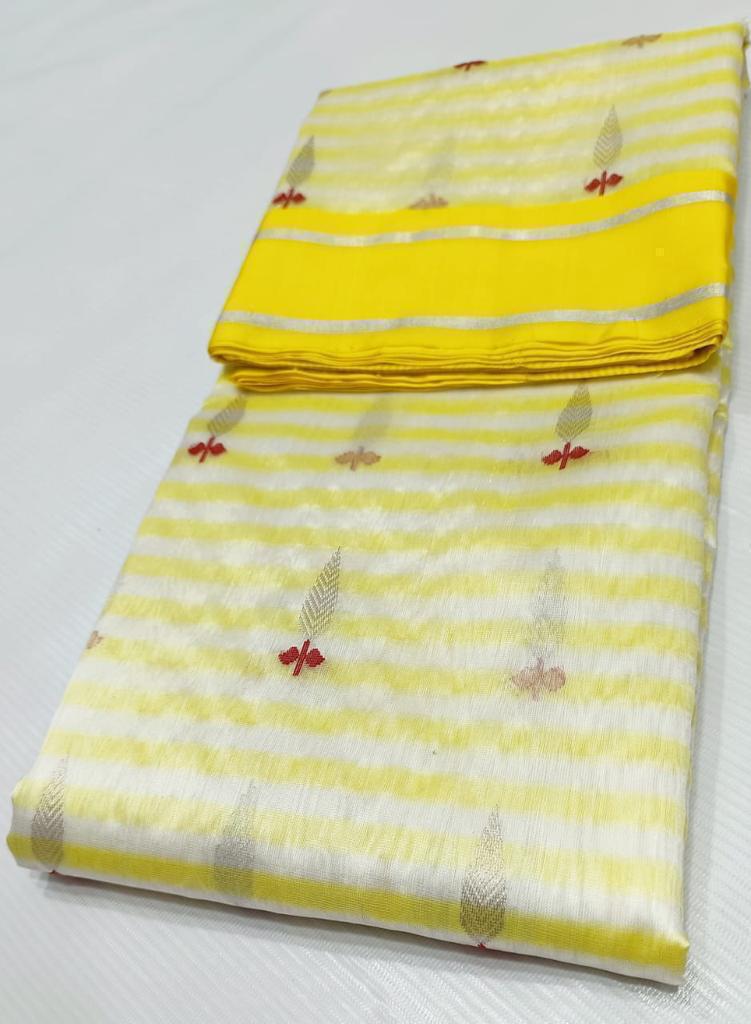 Lemon Chanderi Handloom Pattu Silk Eknal Buttas Saree