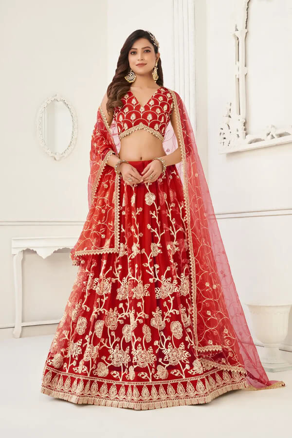 Red Designer Embroidered Lehenga Choli