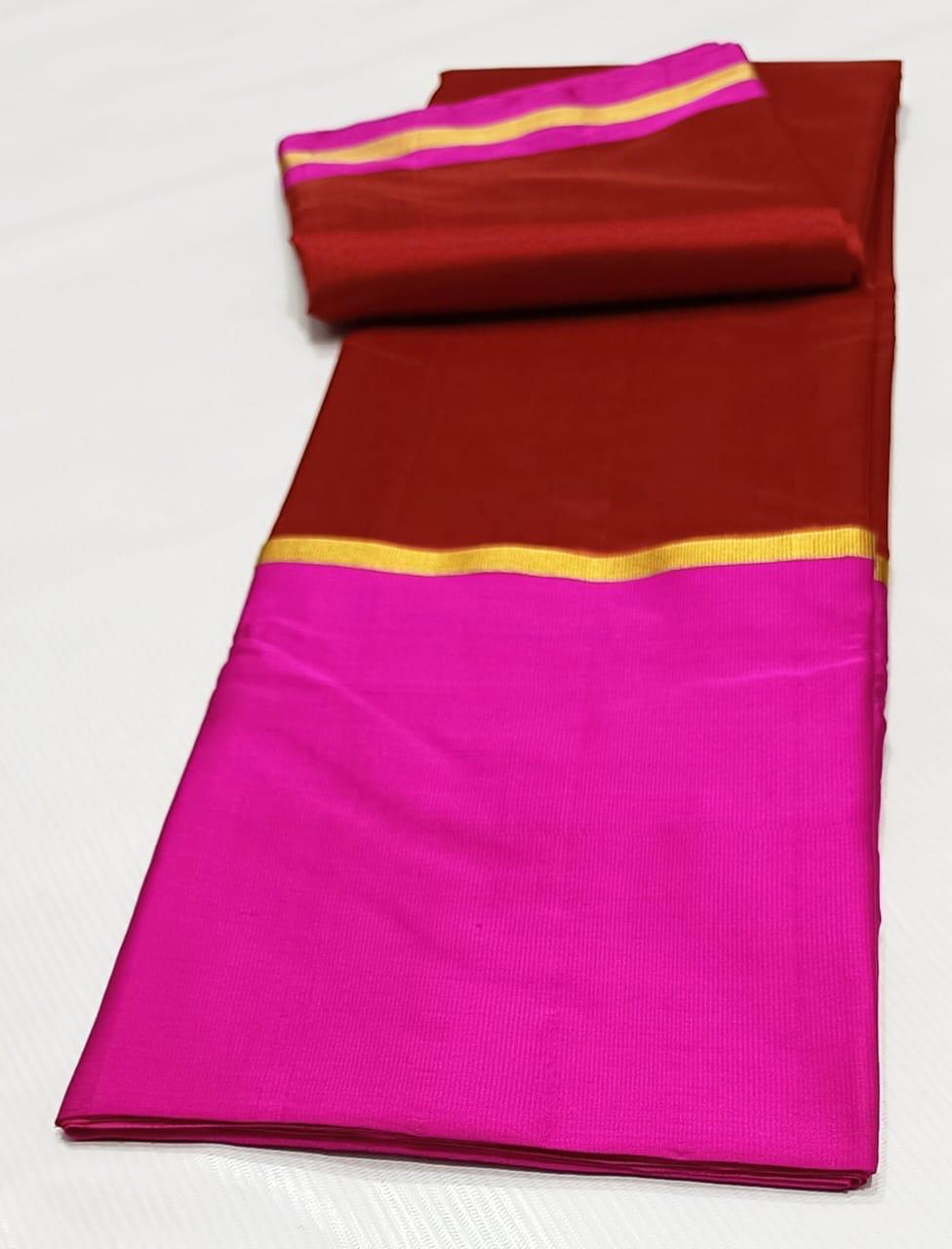 Red Chanderi Handloom Pattu Silk Mashru Borders Saree