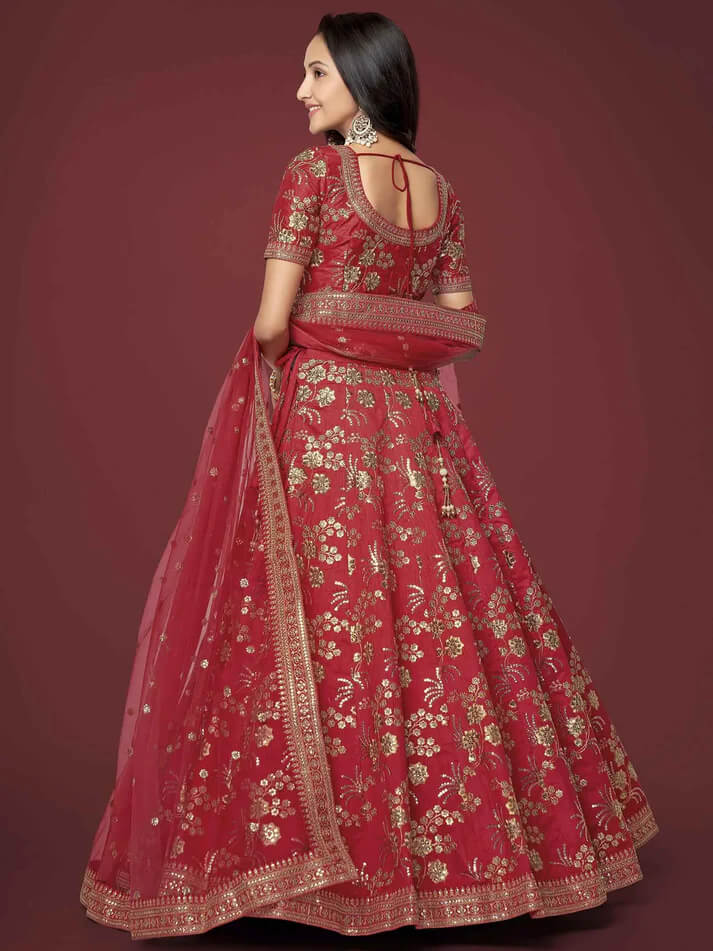 Red Silk Lehenga with Zari, Sequins & Dori Work