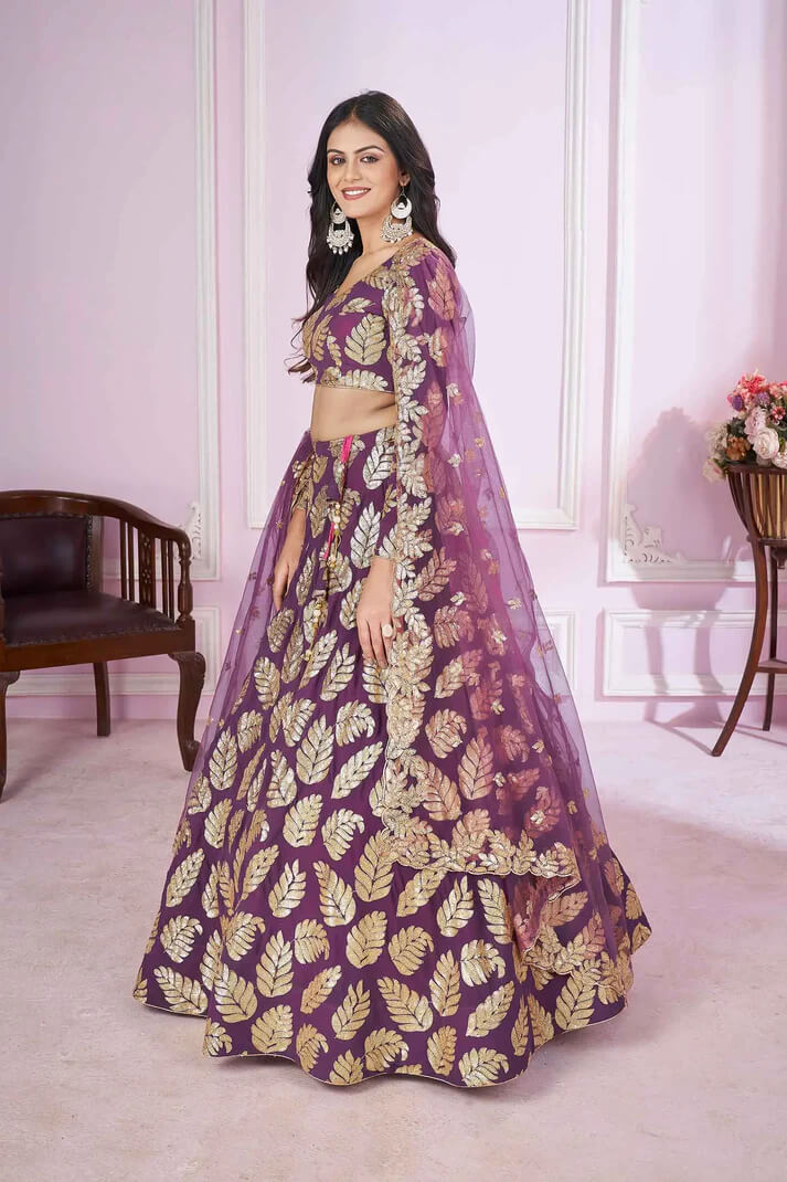 Wine Georgette Lehenga with Sequins & Zari Embroidery