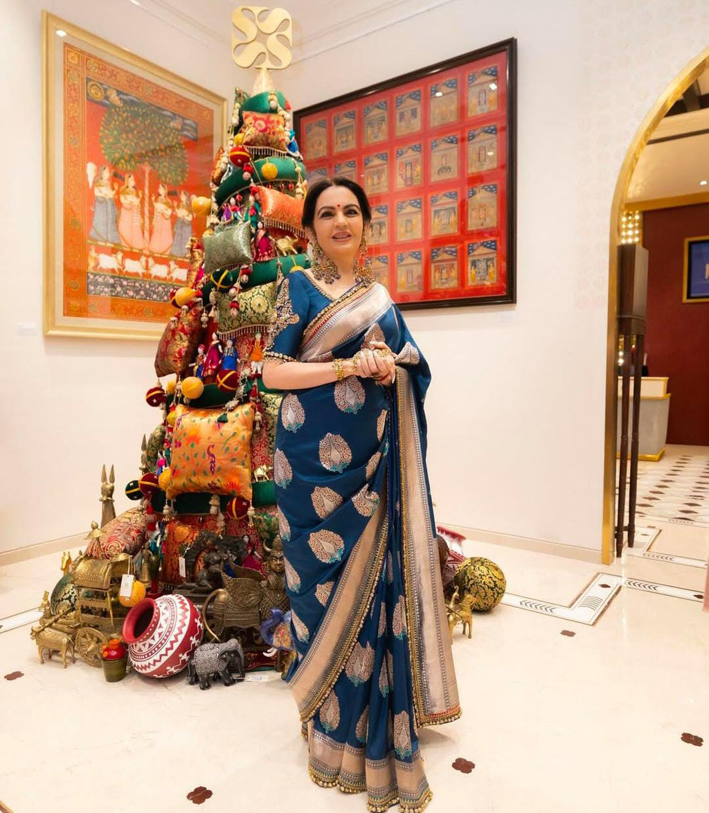 Royal Blue Banarasi Håndvæv Katan Silk Meenakari Saree