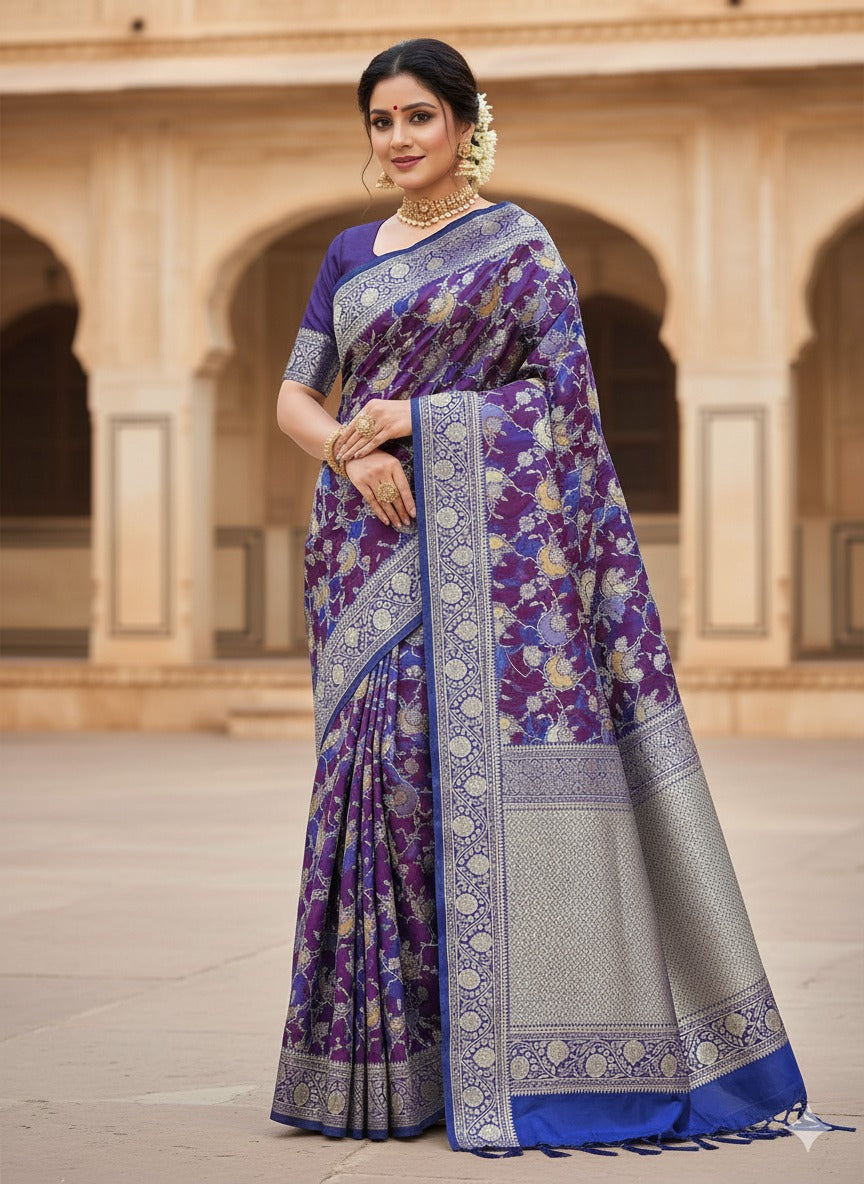 A deep azure blue Banarasi Katan silk saree featuring hand-woven Rangkaat diagonal color blocks and intricate Meenakari floral vines in gold zari.