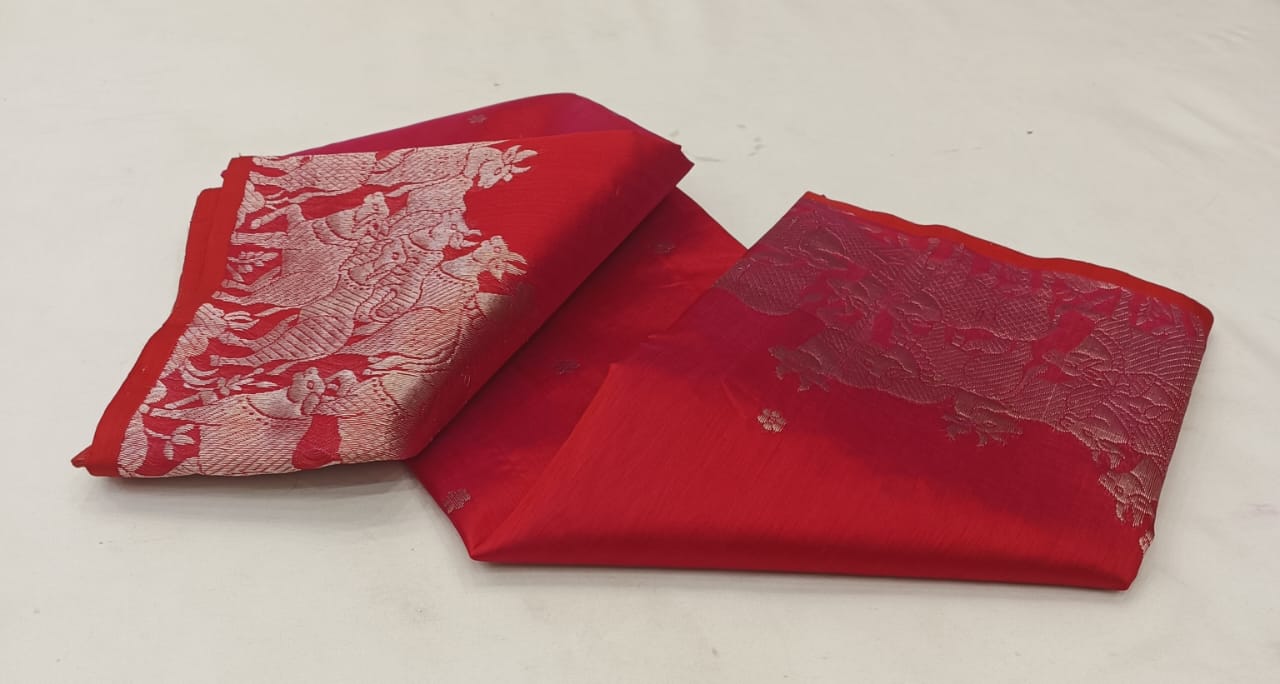 Red Chanderi Handloom Pattu Silk Handwork Saree
