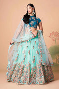Sky Blue Net Lehenga with Zari, Sequins & Mirror Work
