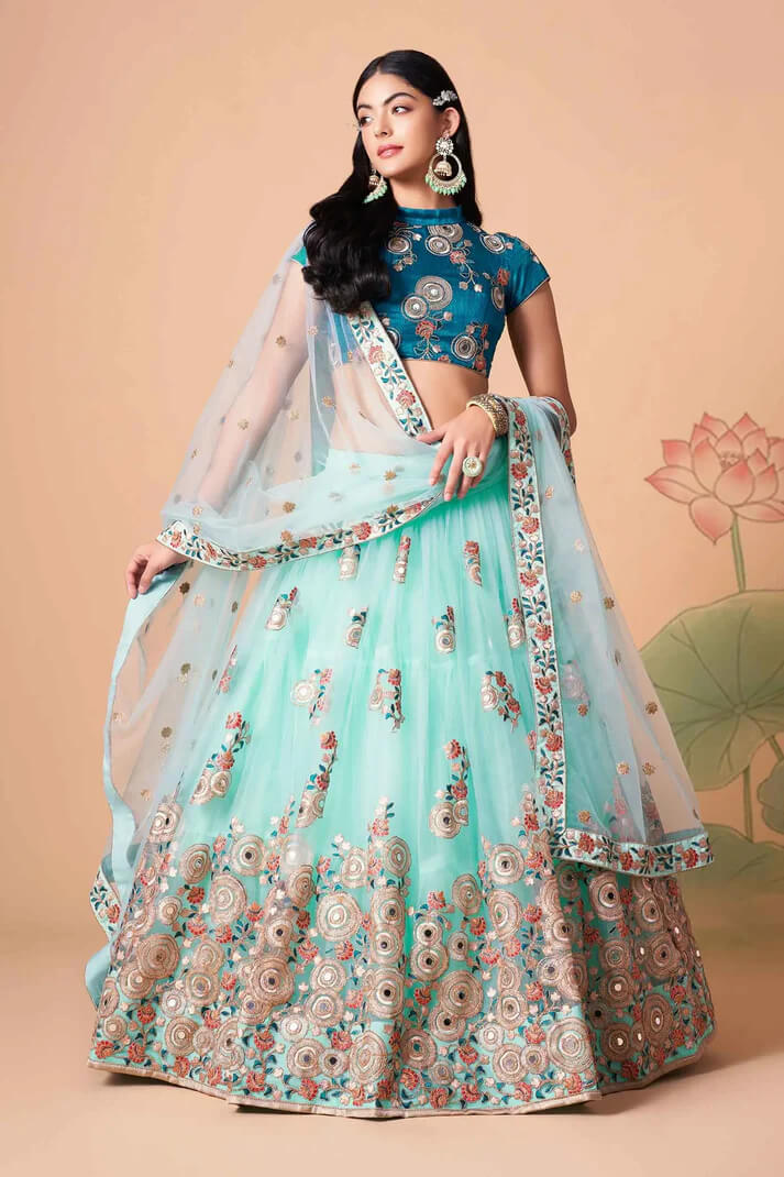 Sky Blue Net Lehenga with Zari, Sequins & Mirror Work