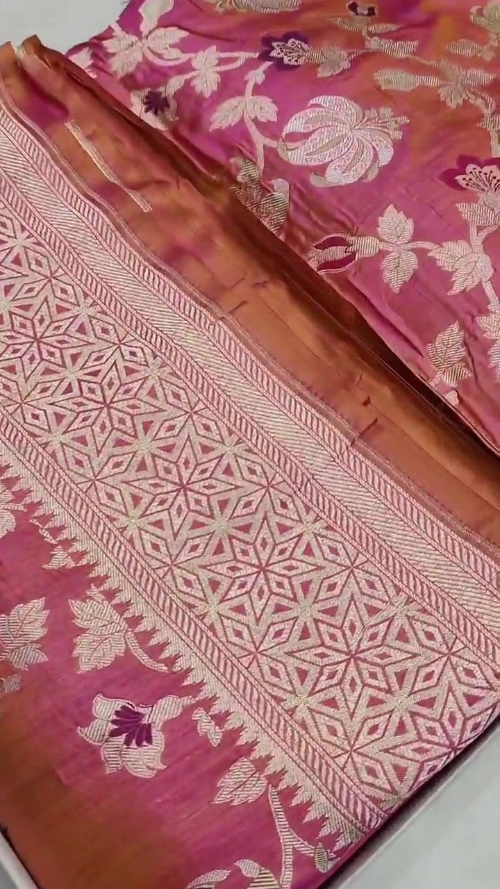 Dual Tone Hot Pink Banarasi Håndvæv Katan Silk Meenakari Saree