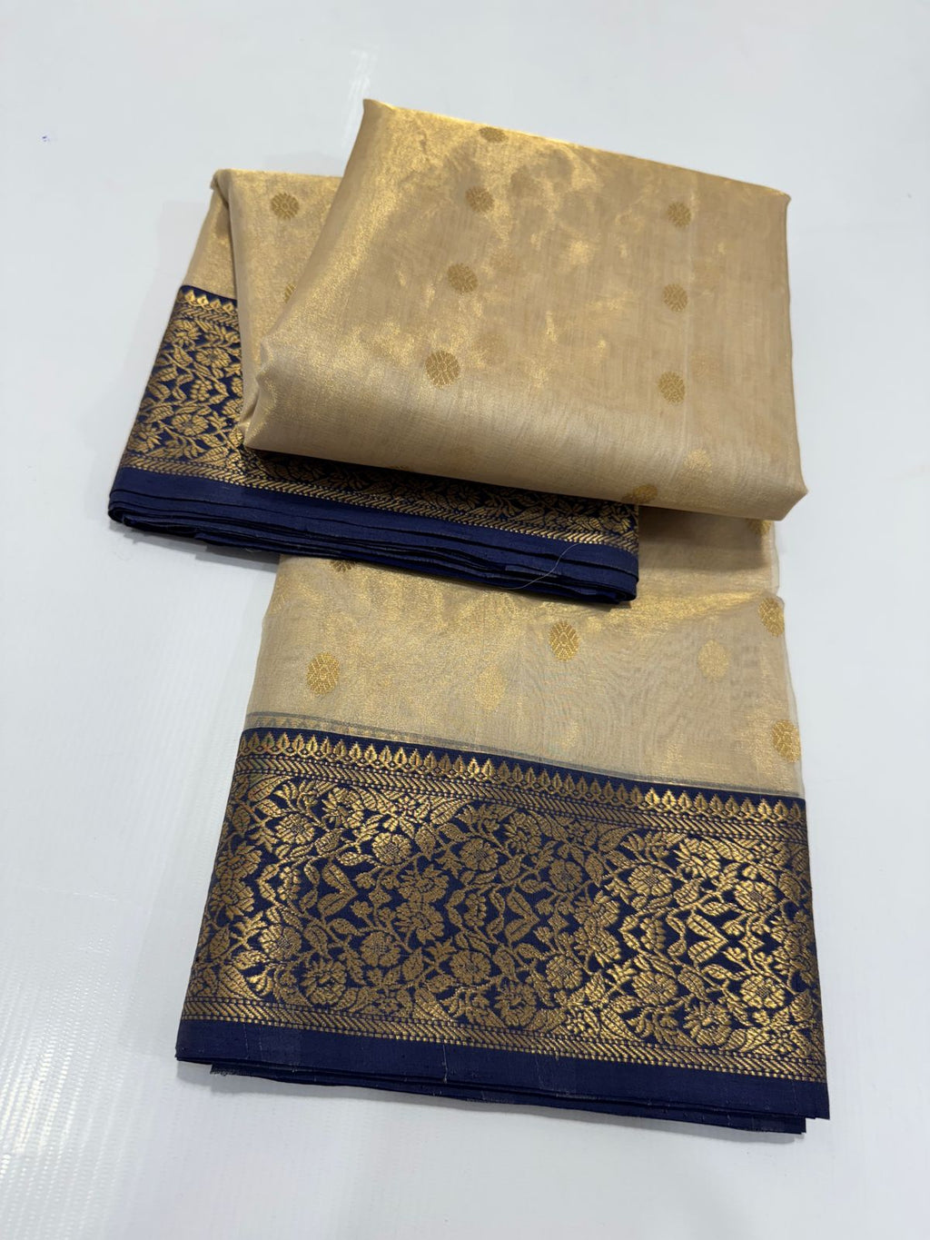 Beige Chanderi Handloom Katan Tissue Silk Saree
