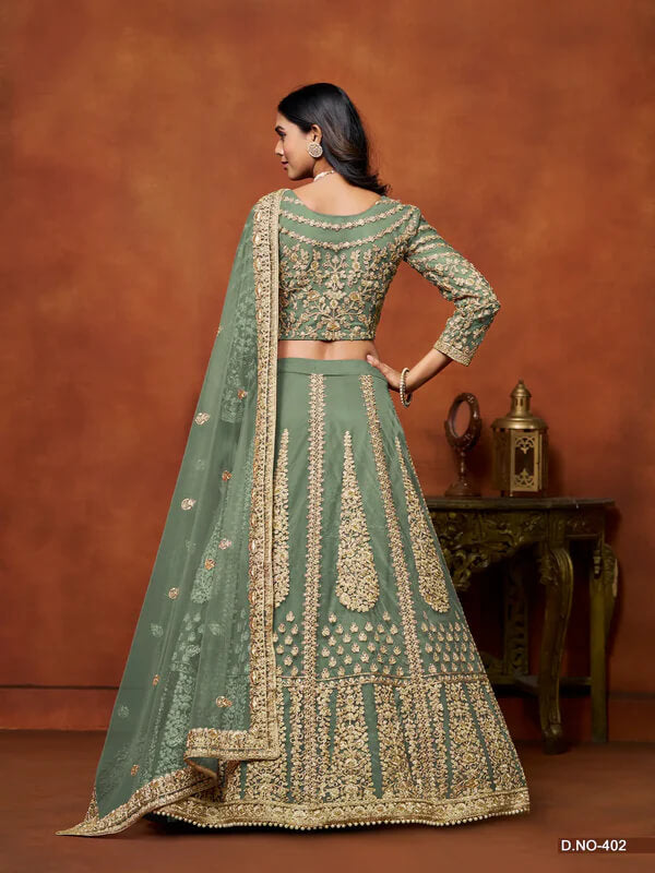 Pista Green Net Lehenga Choli with Thread & Sequins Work