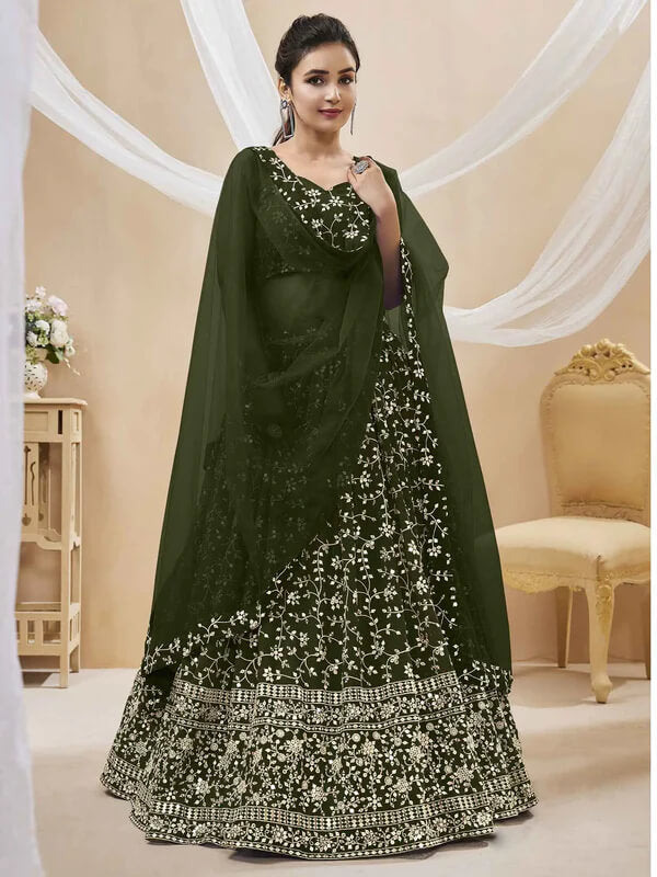 Dark Olive Green Georgette Lehenga with Sequins & Zari