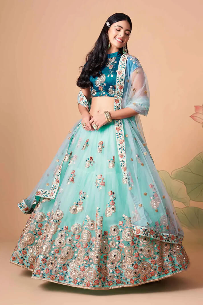Sky Blue Net Lehenga with Zari, Sequins & Mirror Work