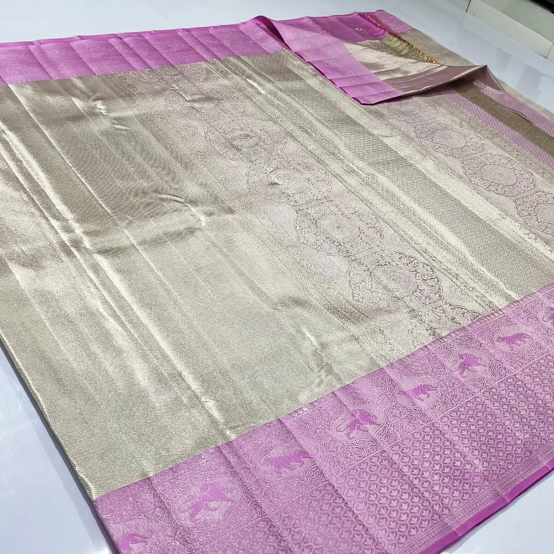 Ivory Kanchipuram Handloom Tissue Brocade Meenakari Silk Saree