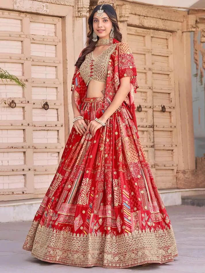Red Silk Lehenga with Digital Print & Embroidery