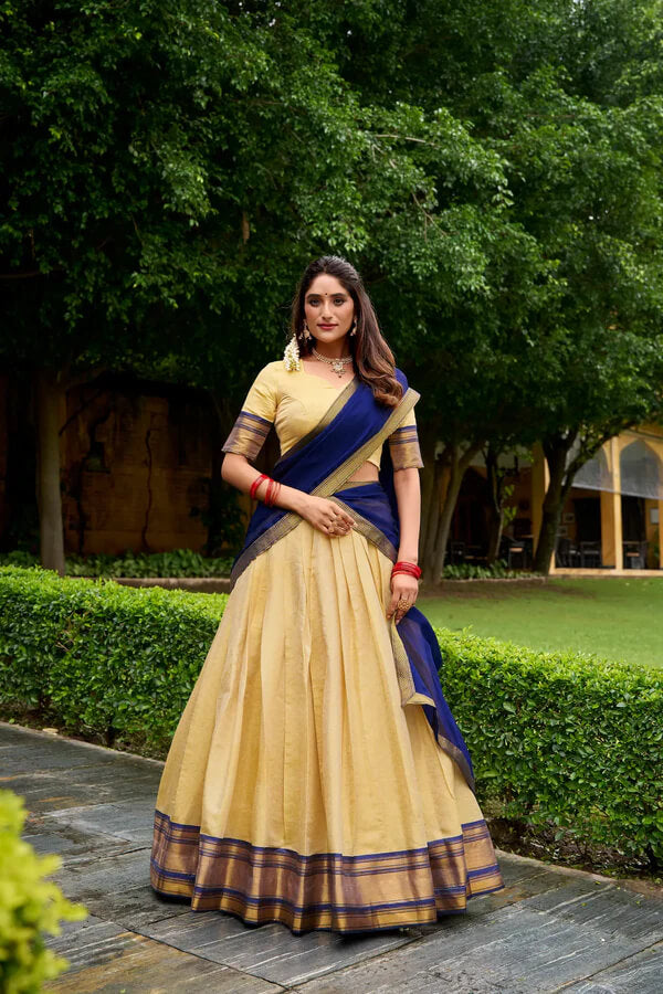Traditional Zari Weaving Kanchipuram Lehenga in Beige & Blue