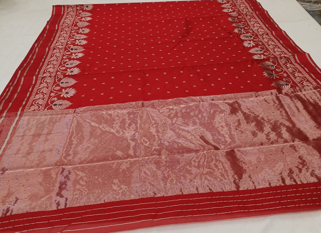 Rustic Red Chanderi Handloom Pattu Silk Meenakari Saree