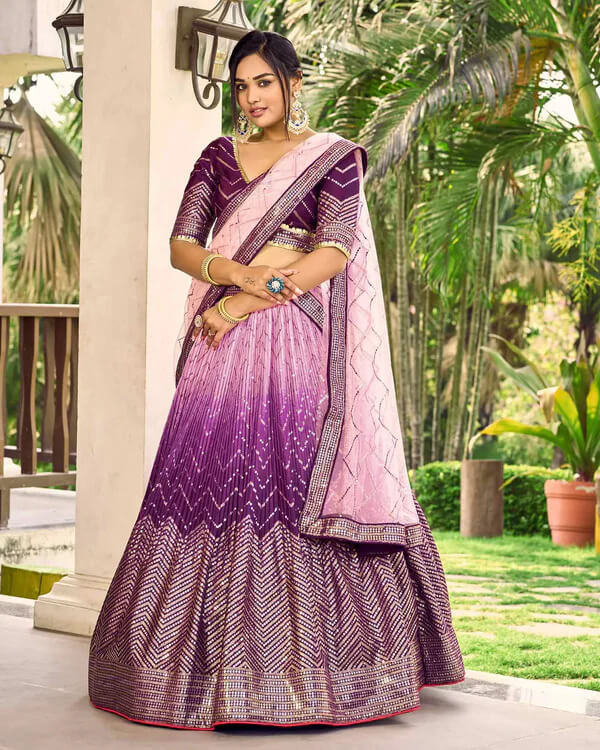 Purple & Light Peach Lehenga Choli with Thread & Sequins Work