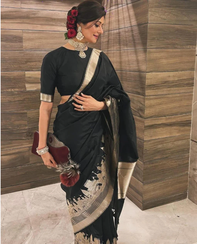 Black Banarasi Handloom Katan Silk Kashi Ghat Meenakari Saree