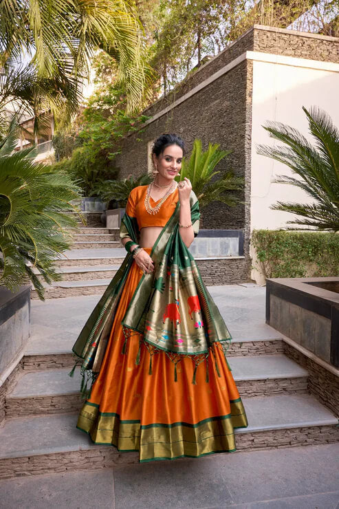 Orange Zari Weaving Paithani Lehenga Choli in Jacquard Silk