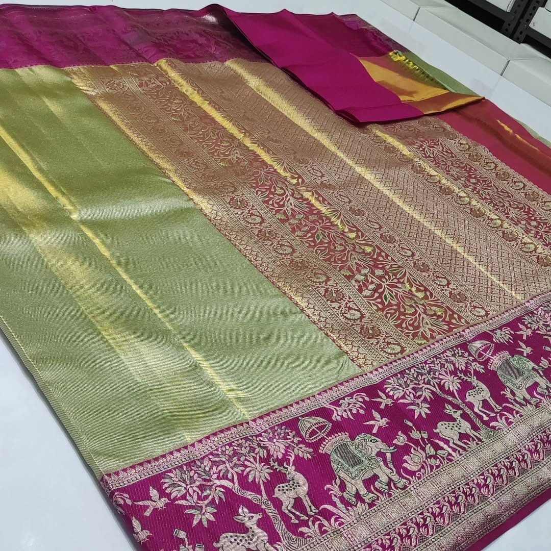 Pista Green Kanchipuram Handloom Tissue Brocade Meenakari Silk Saree